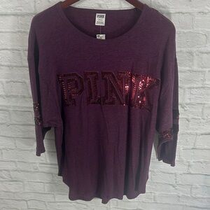 PINK Victoria's Secret Sequin Logo 3/4 Sleeve Top - Purple